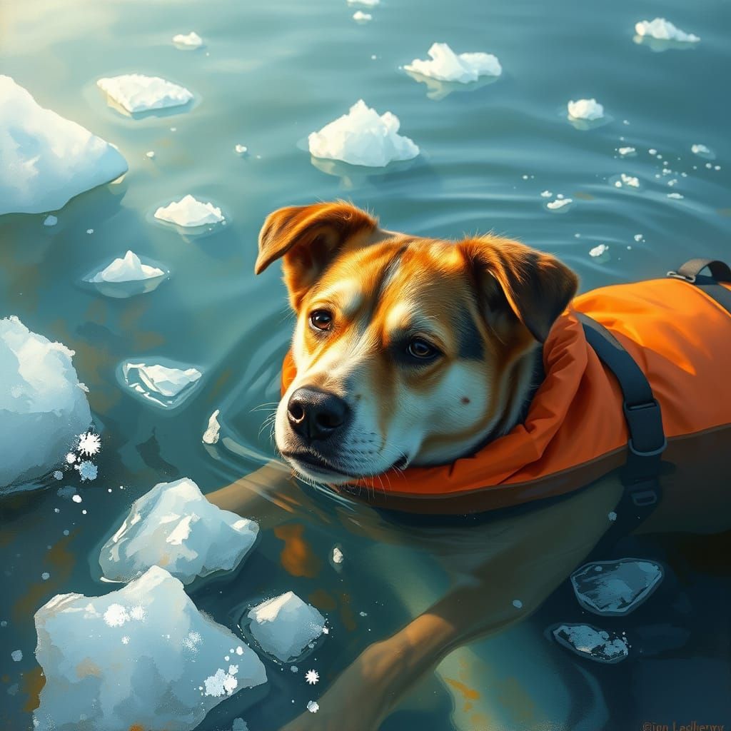 Shivering Dog in Icy Water, Digital Painting Style