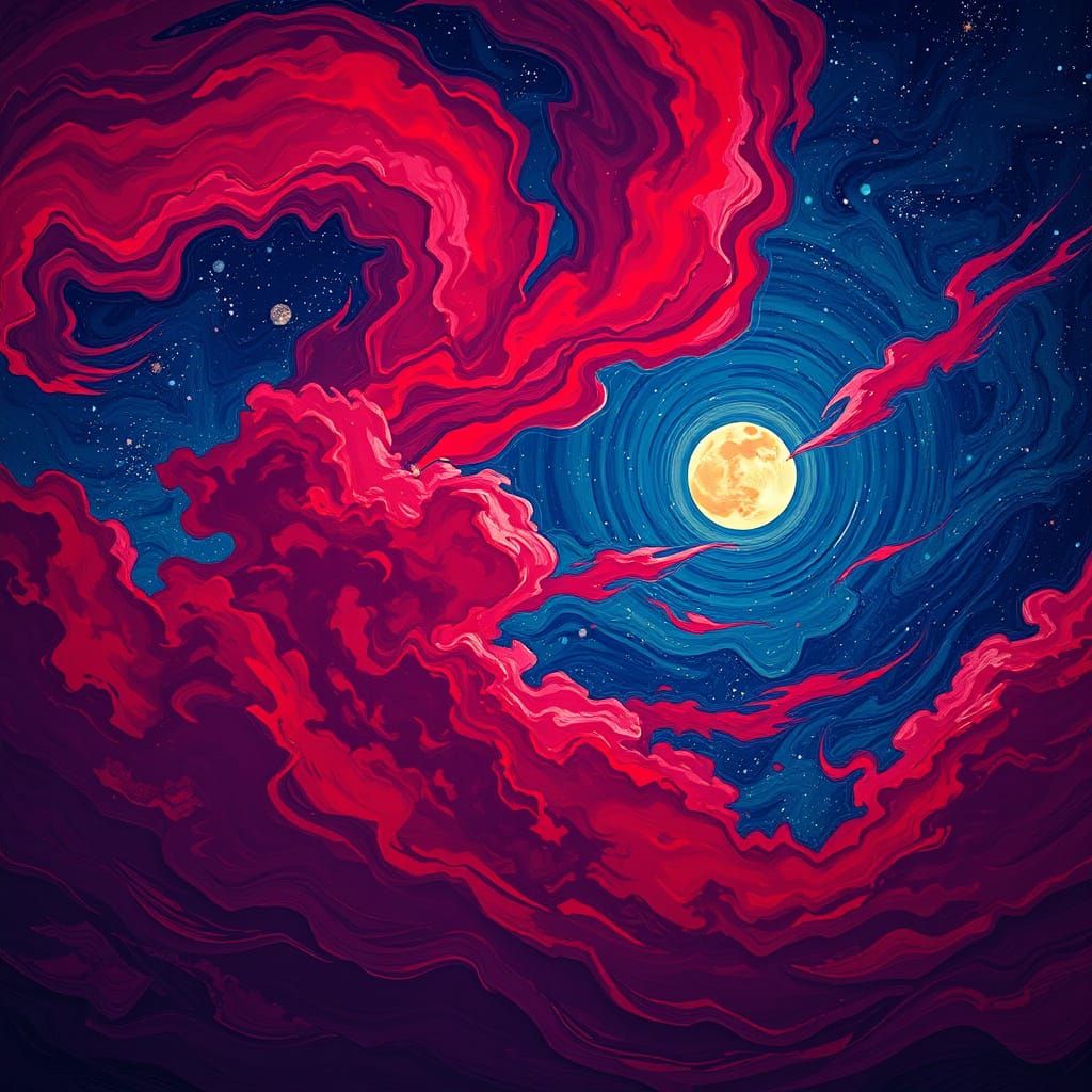 Ethereal Red Night Sky with Swirling Clouds and Twinkling St...