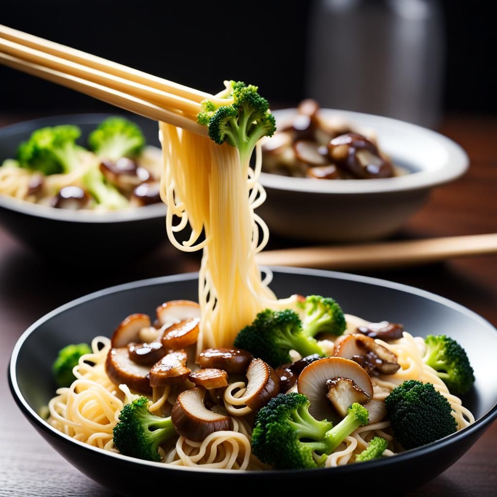 Noodles, Broccoli, and Mushrooms in Thick Sauce
