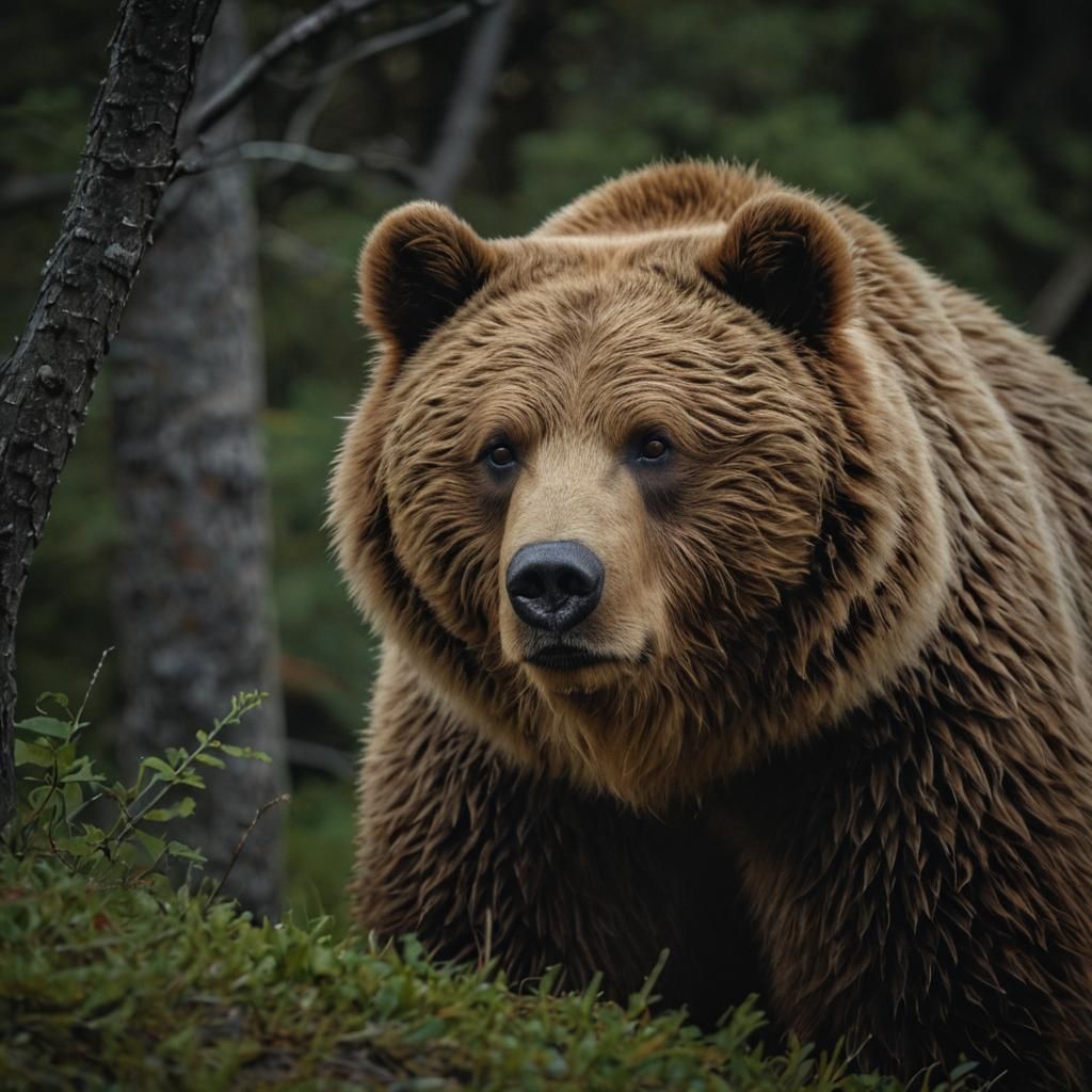 Sympathetic Kodiak Bear Peering from Darkness