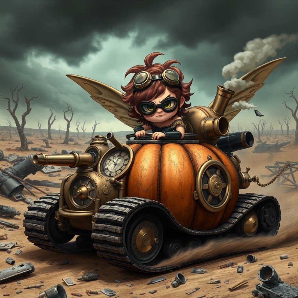 Steampunk Fairy Races Pumpkin Tank Through Wasteland