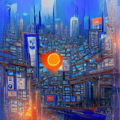 Blue Sun Over Orange Cyberpunk City