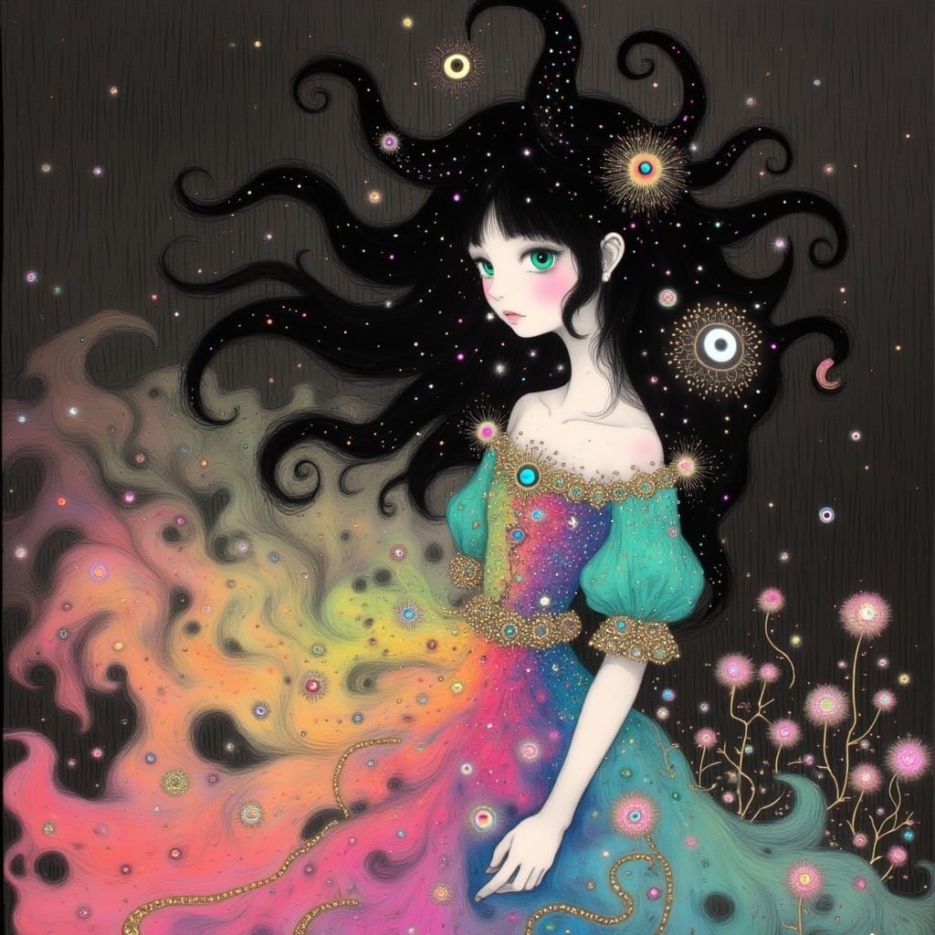 Rainbow-Hued Princess with Jeweled Gown and Mischievous Glin...