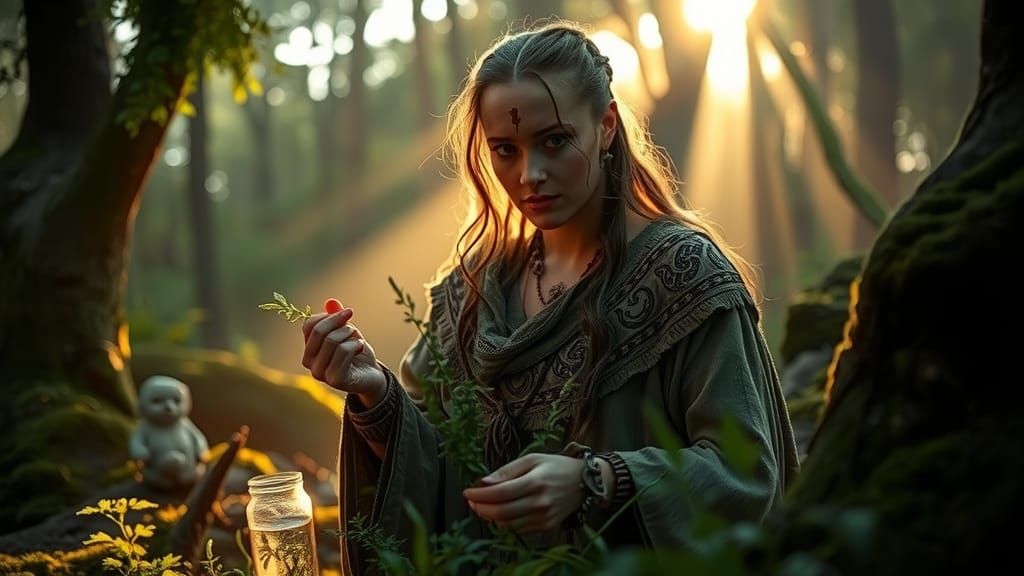 Celtic Woman Preparing Healing Potion in Ancient Forest