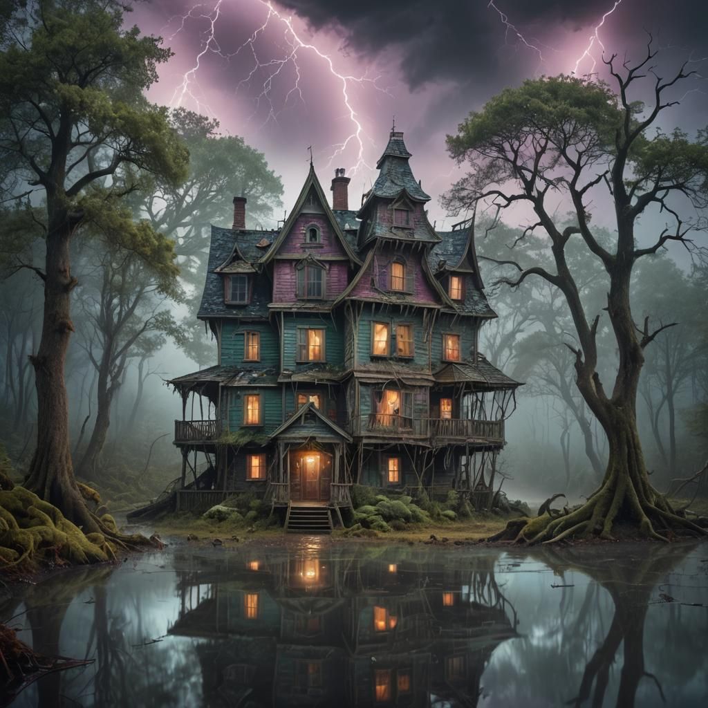Mystical Haunted House in Stormy Forest