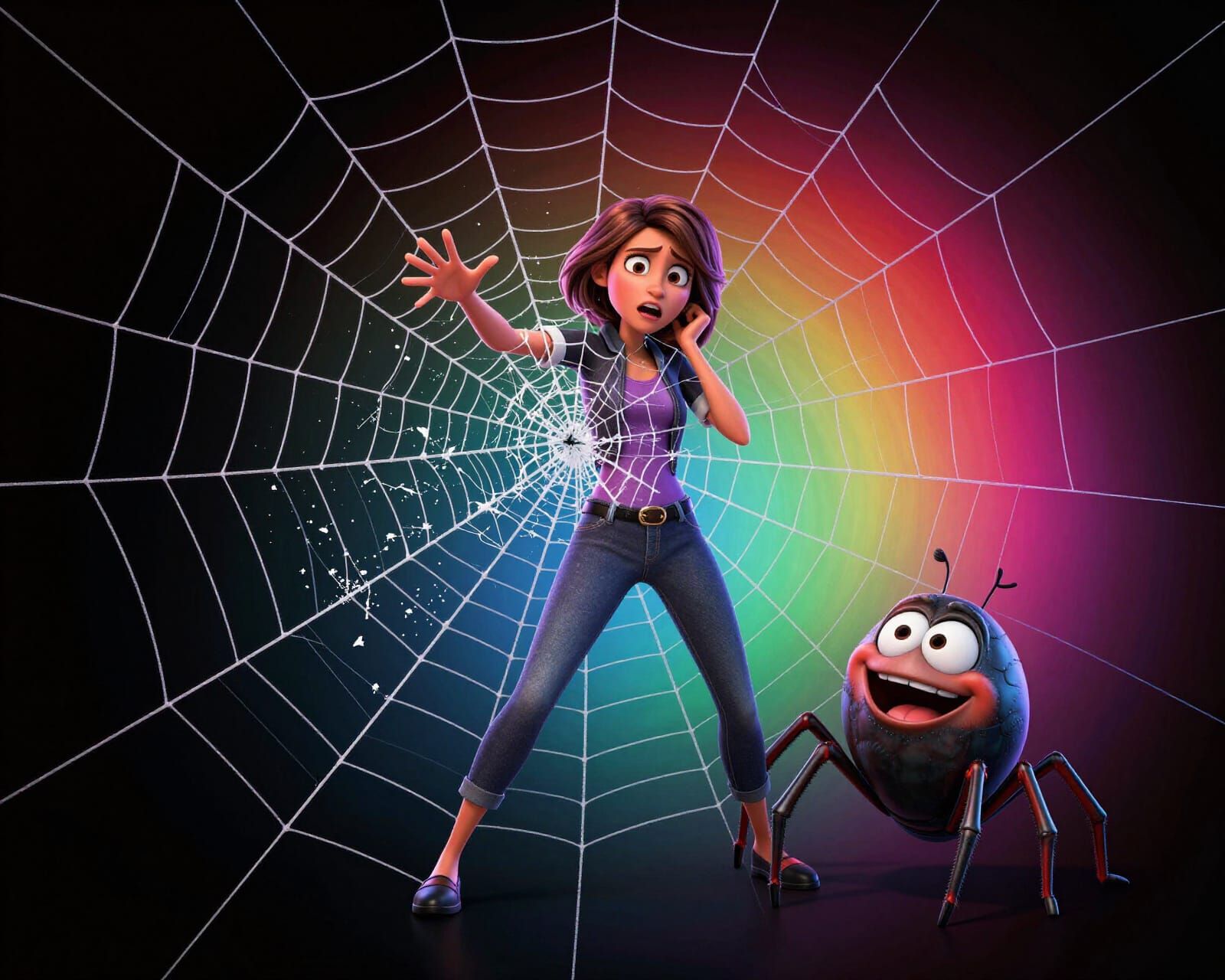 Woman Trapped in Vivid Spider Web, Laughing Spider