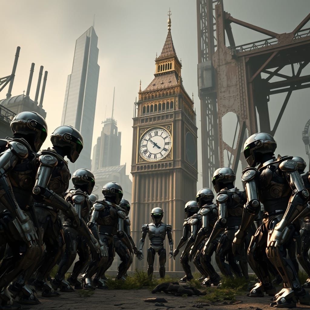 Robots Gather Around Big Ben in Futuristic London