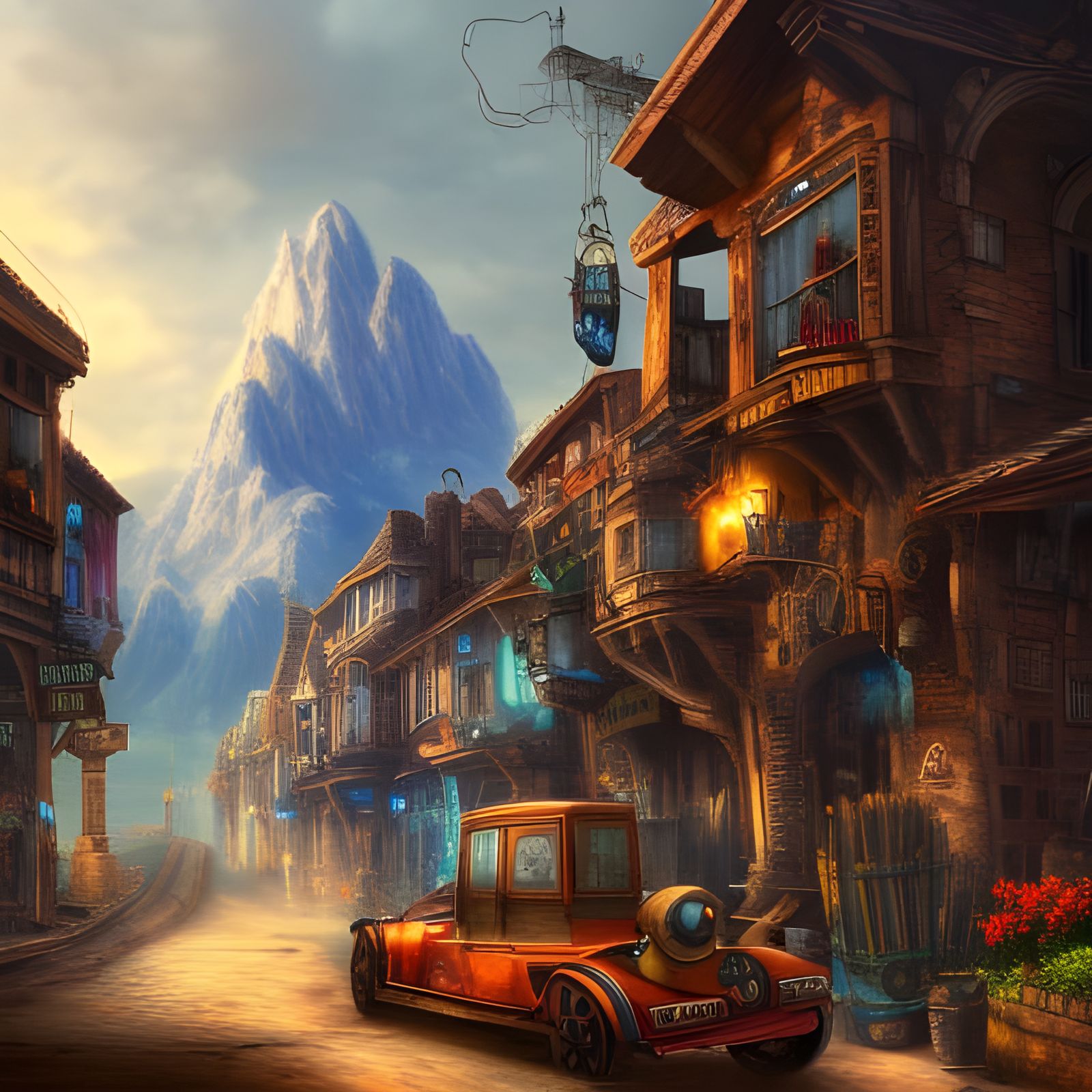 Steampunk Town with Electric Car, Detailed Matte Painting