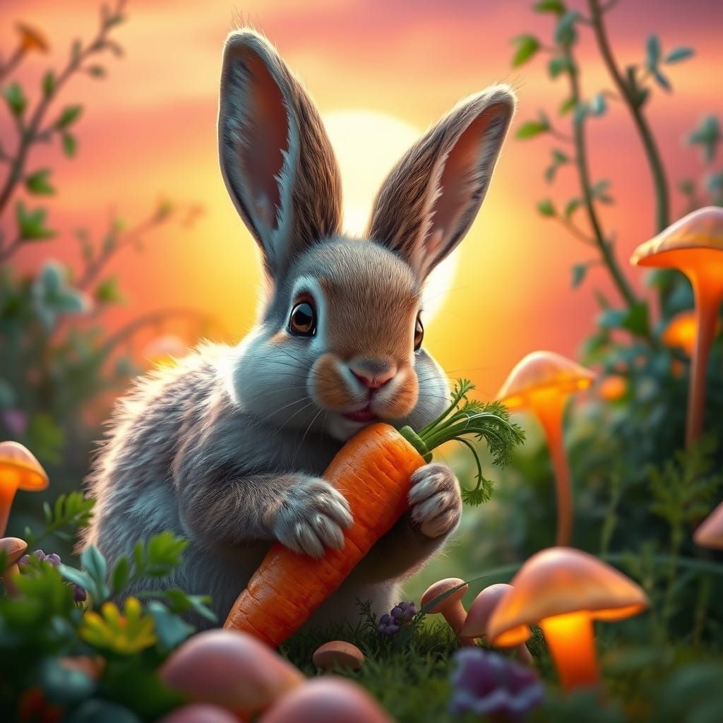 Whimsical Bunny in Dreamlike Garden Scene