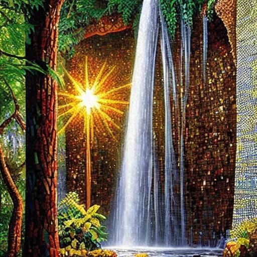 Dazzling Mosaic Waterfall Wall Art in Comic Book Style