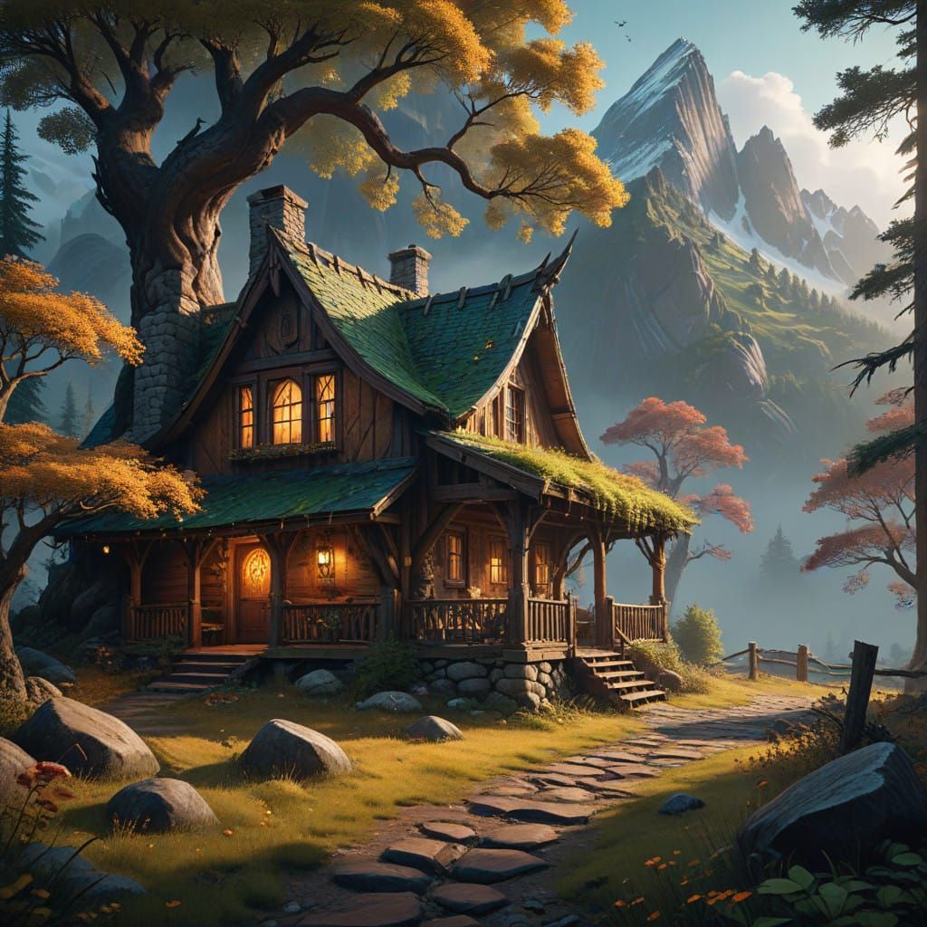 Serene Cabin Scene in Whimsical Style