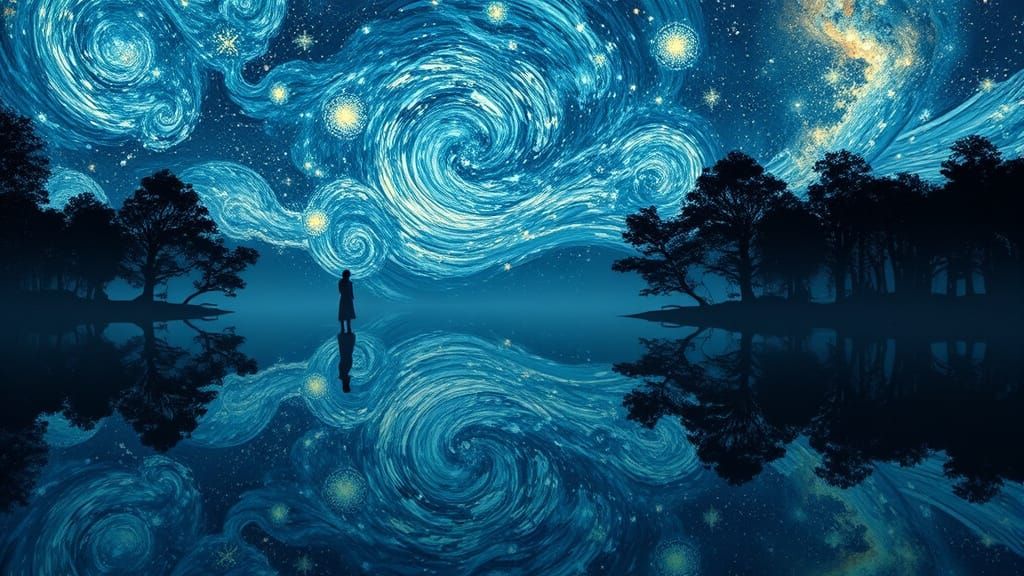 Celestial Lake Reflecting Mirrored Galaxy Sky