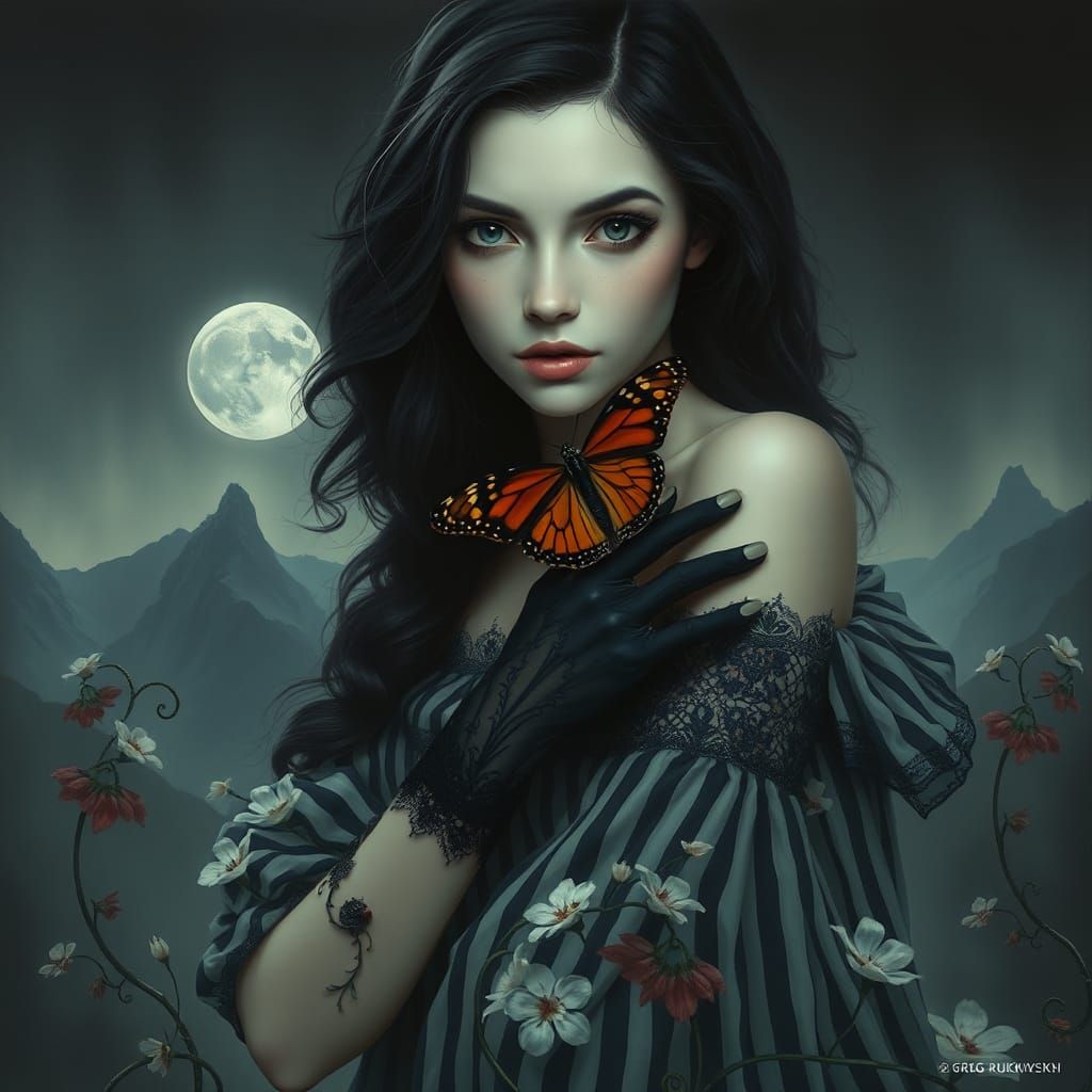 Ethereal Woman with Butterfly in Surrealist Landscape