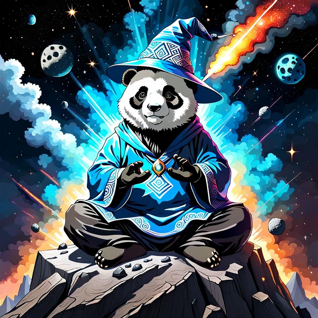 Wizard Panda Meditating on Asteroid in Zentangle Style