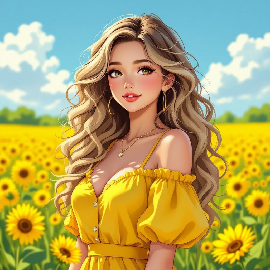 Woman in Yellow Amidst Yellow Flowers, Semi-Realistic Anime ...