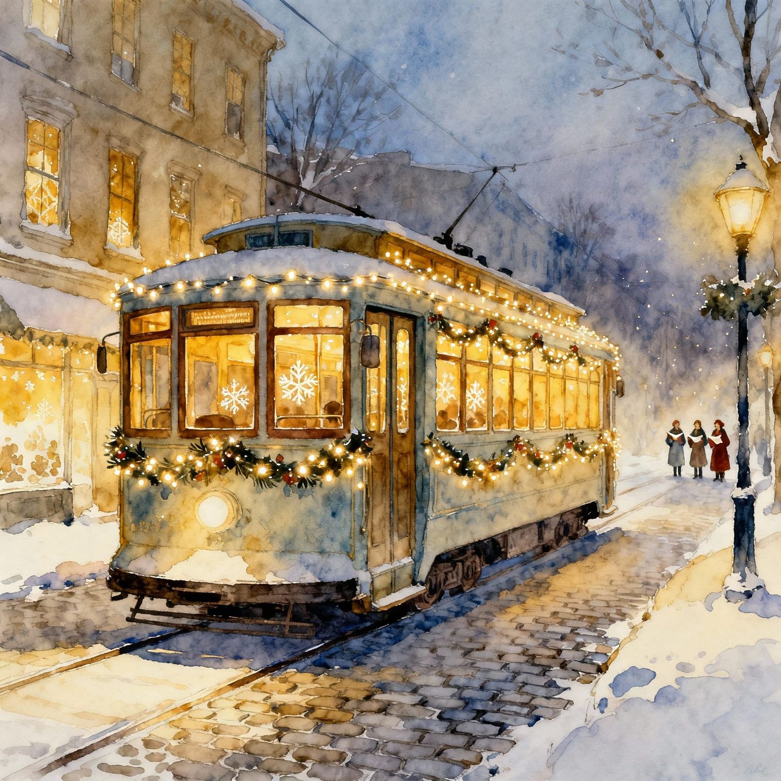Vintage Streetcar on Snowy Winter Evening in Watercolor Styl...