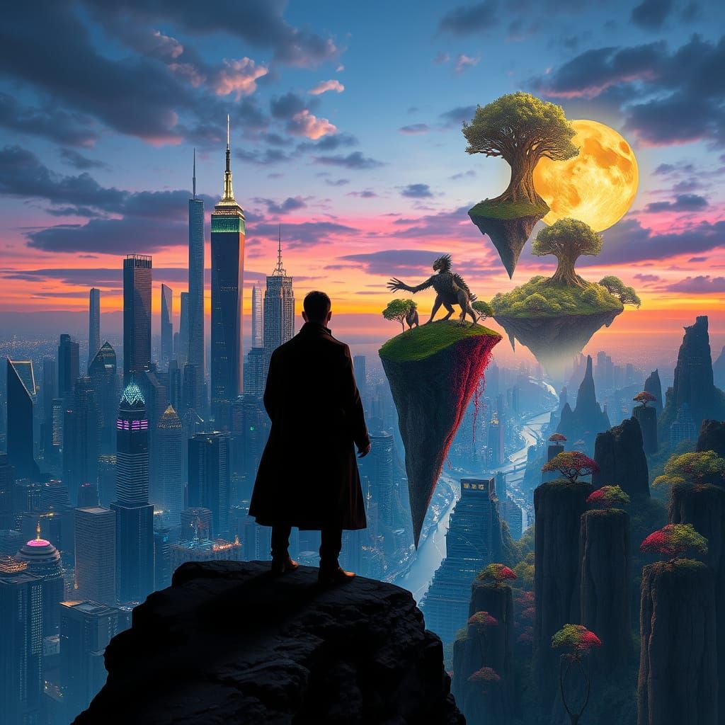 Figure Gazing at Cityscape and Fantasy Realm