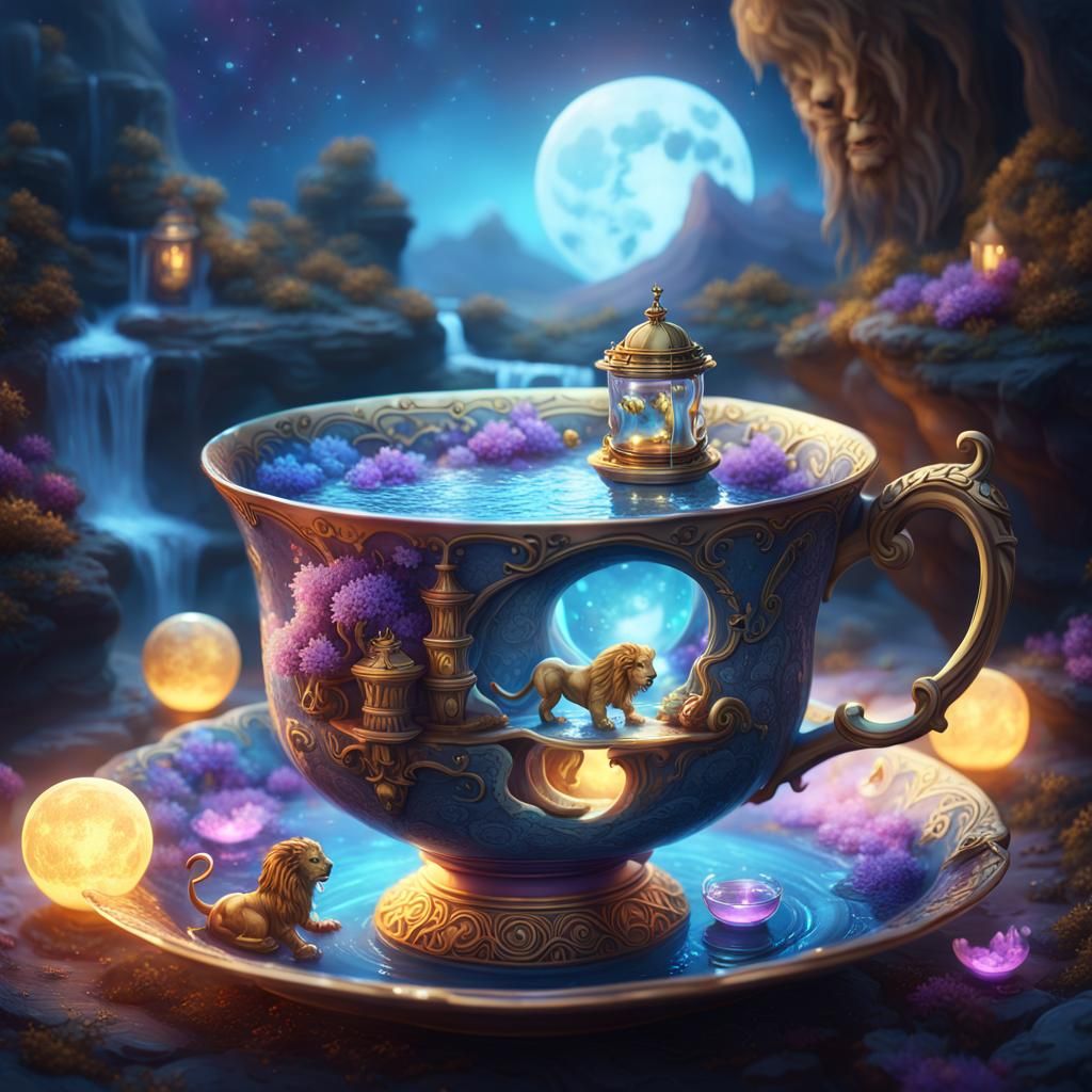 Teacup Fantasy Scene with Waterfall and Creatures