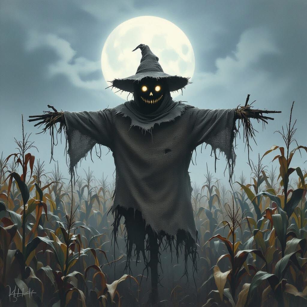 Gothic Scarecrow in Moonlit Foggy Cornfield