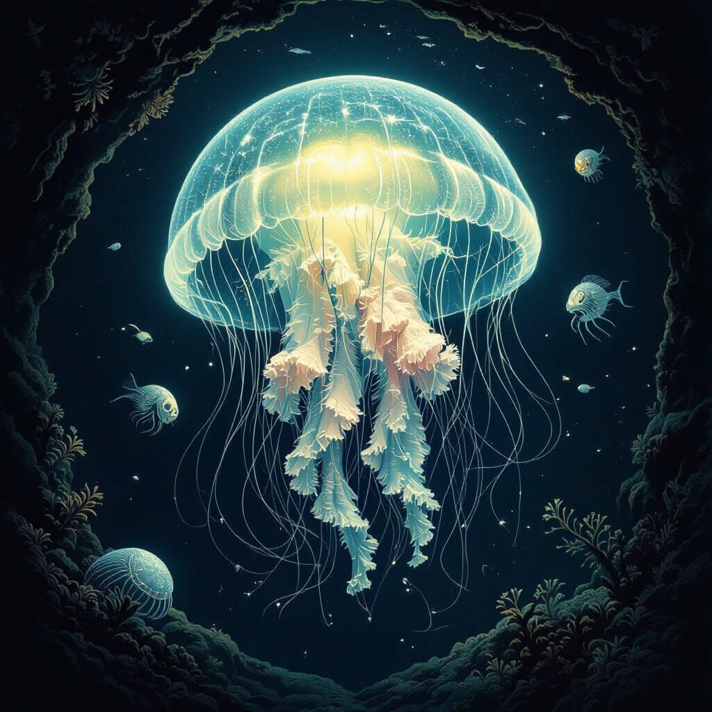 Bioluminescent Jellyfish in Deep Sea Trench, Vintage Illustr...