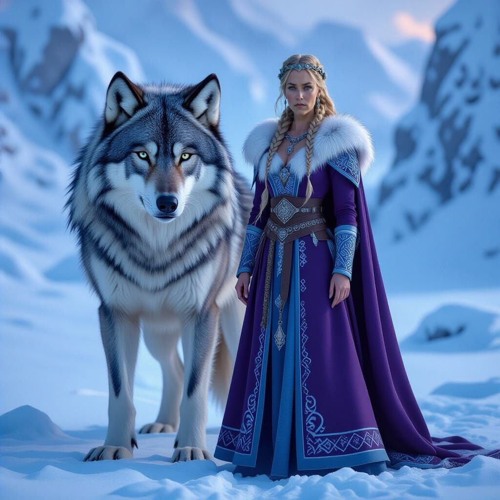 Viking Ice Giantess Angrboda and Fenrir: Digital Art