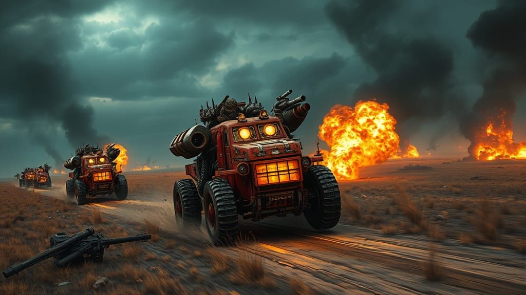 Orcs Driving Mad Max Vehicles Across War-Torn Prairie