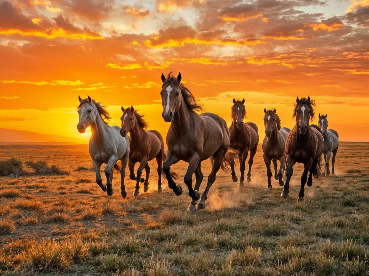 Wild Horses Galloping at Sunset in Western Style