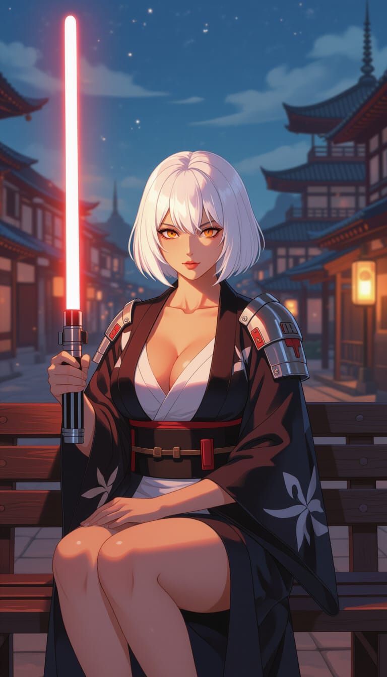 Asian Woman with Lightsaber in Kijimi City: Manga Style