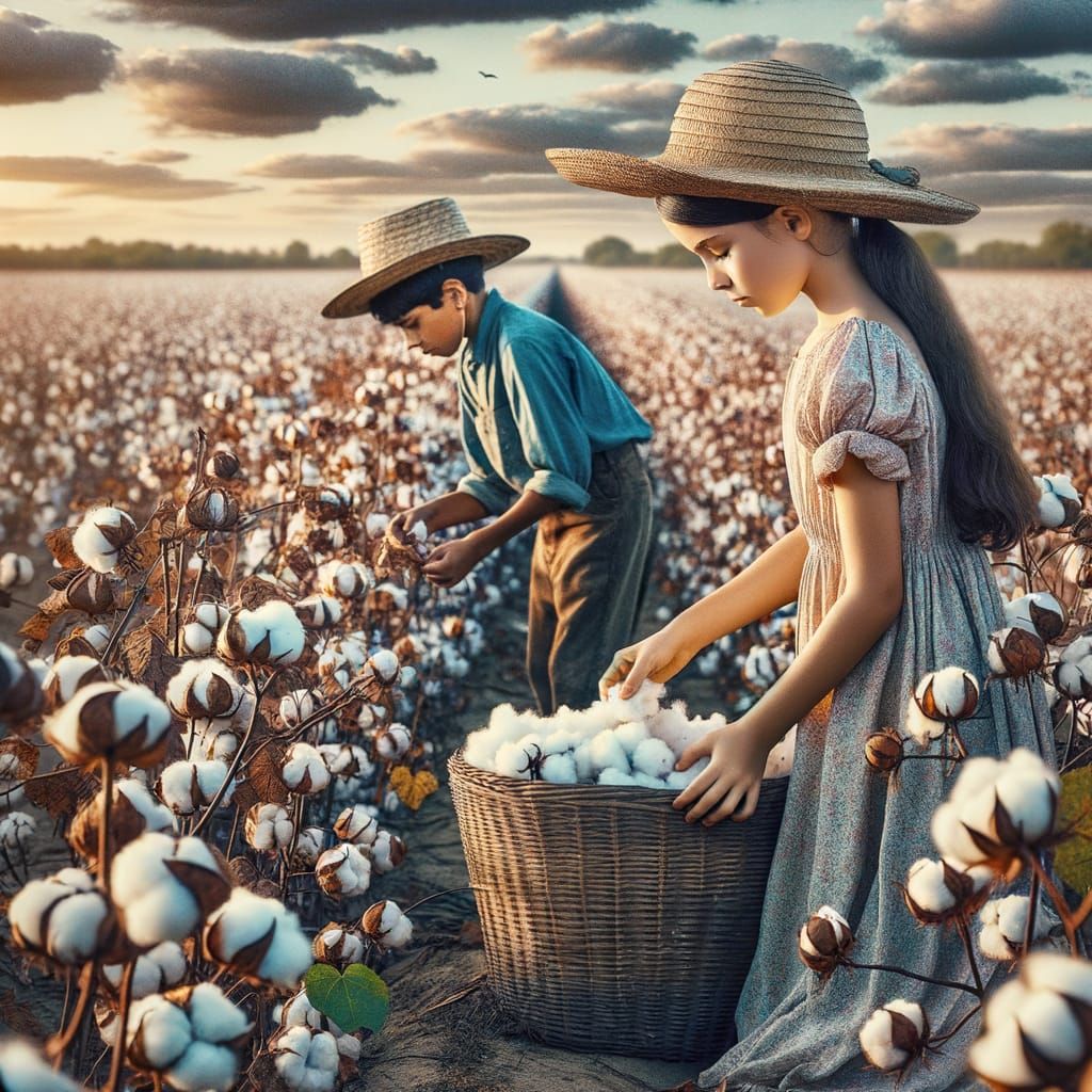 Two Children Working in a Vast Cotton Field