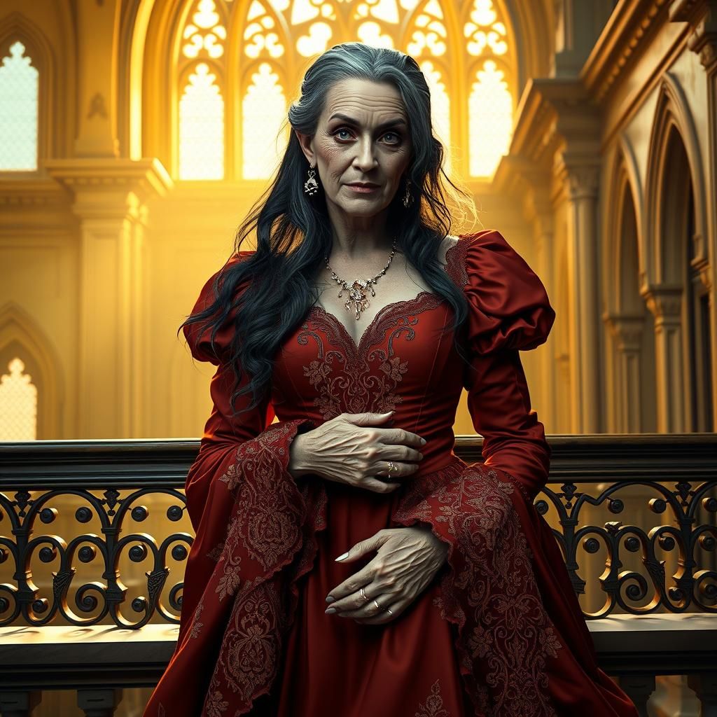 Elderly Juliet in Opulent Gothic Setting