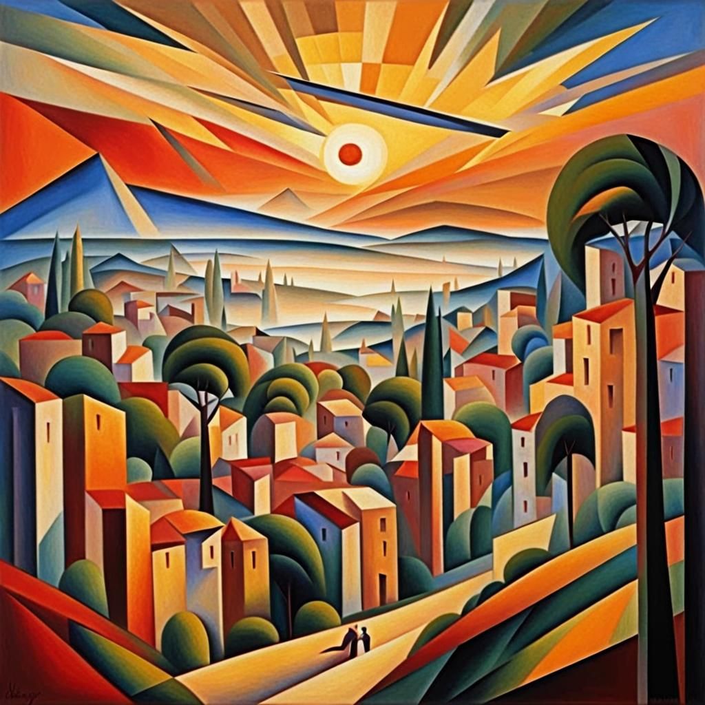 Abstract Cubist Landscape at Dawn: Euclidean Geometry