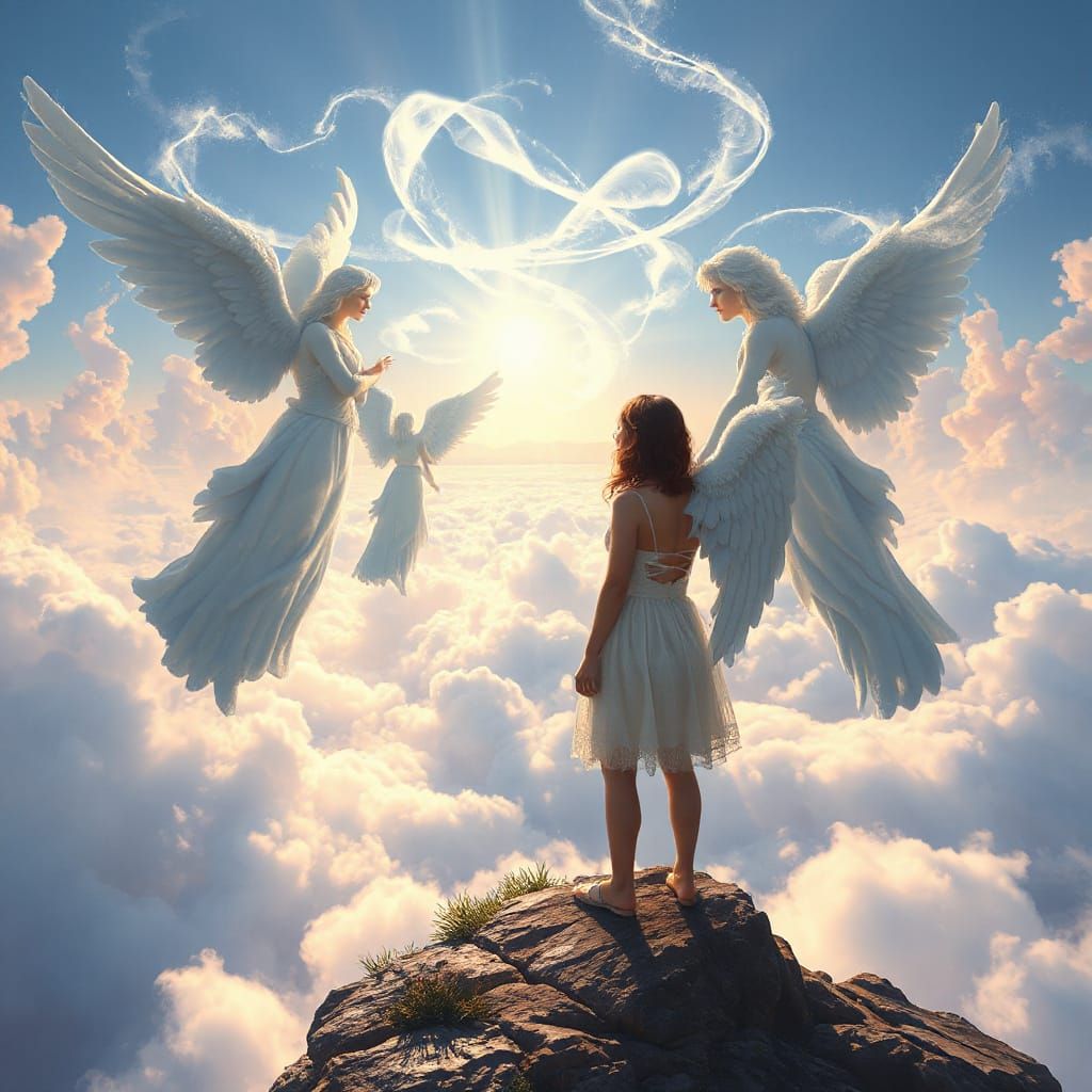 Woman on Cliff with Heavenly Angels in Luminous Fantasy Styl...