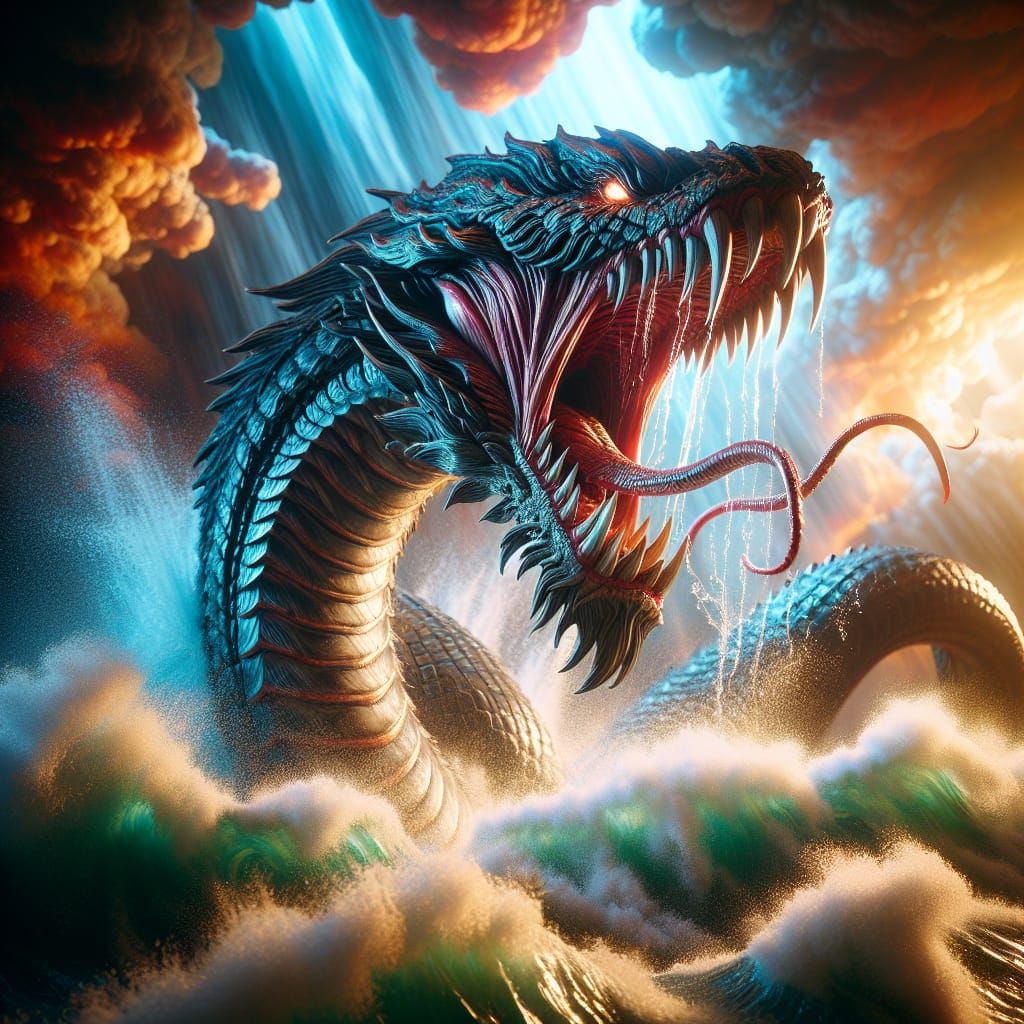 The serpent rises from the waves, Jörmungandr twists and tur...