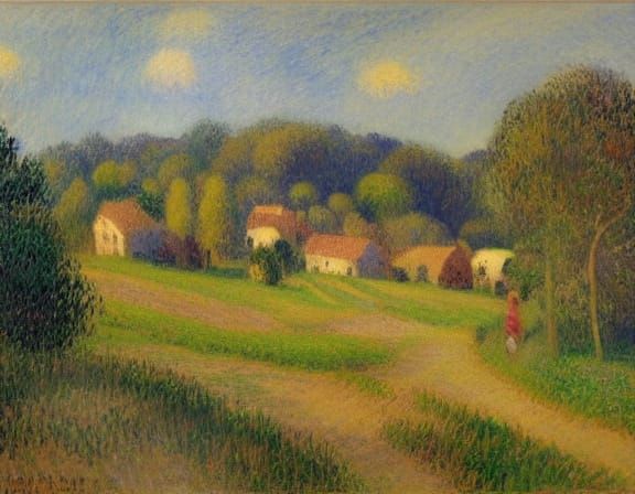 Impressionistic Village Landscape at Dusk