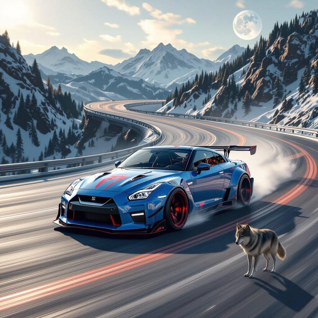 Futuristic GT-R Drifting on Saturn in Simon Stalenhag Style