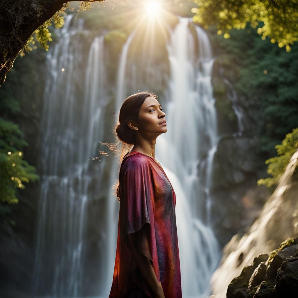 Woman Near Waterfall: Professional Color Portrait