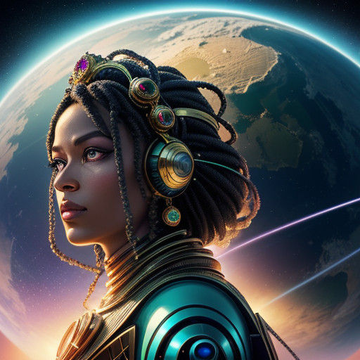 In the image, the space queen stands tall with an air of reg...