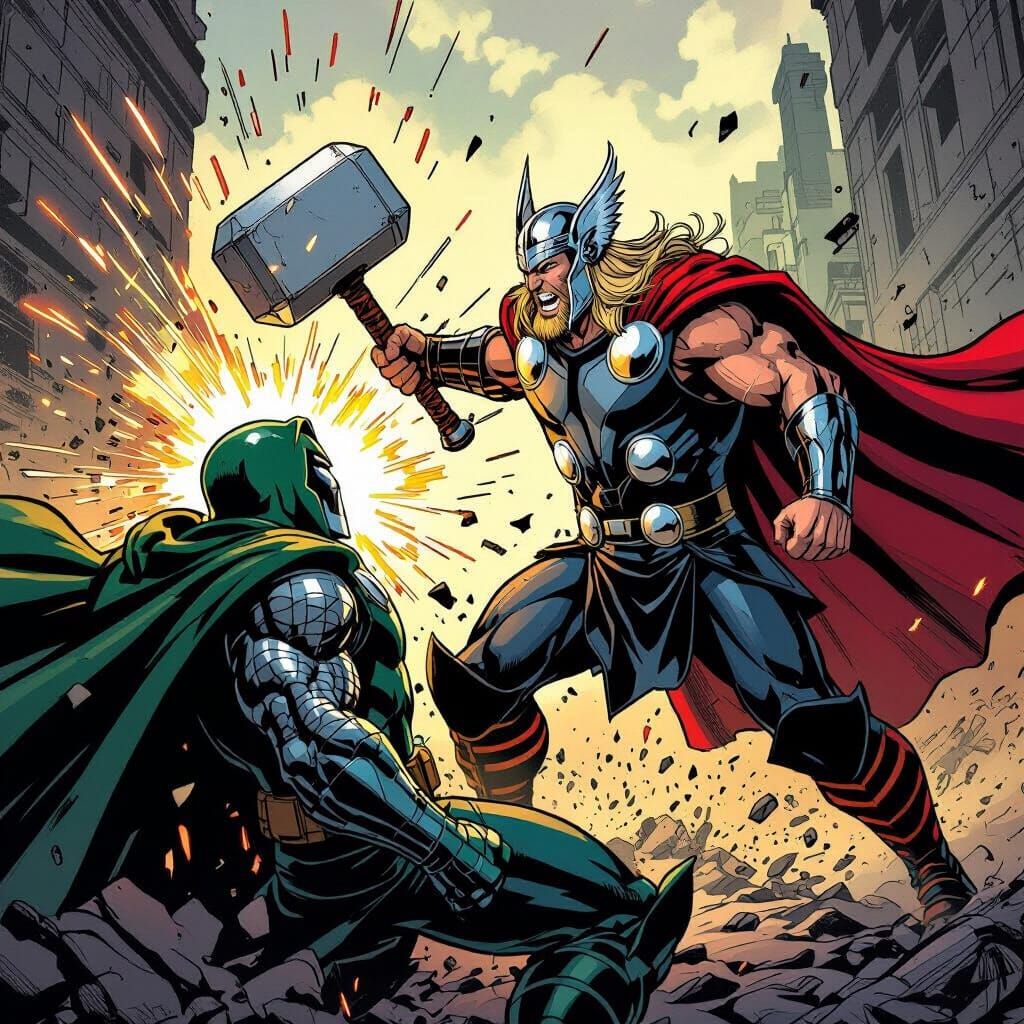 Thor Strikes Doctor Doom with Hammer in Comic Style