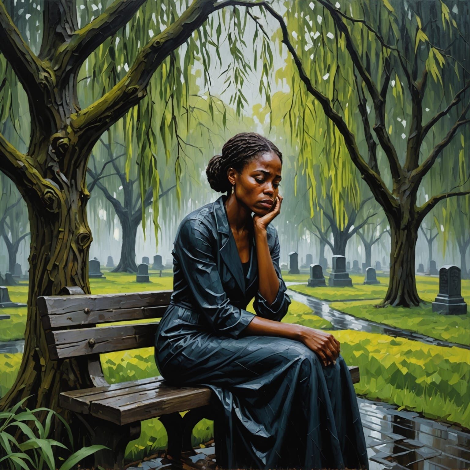 Grief: Black Woman Crying in Graveyard as Impasto Painting