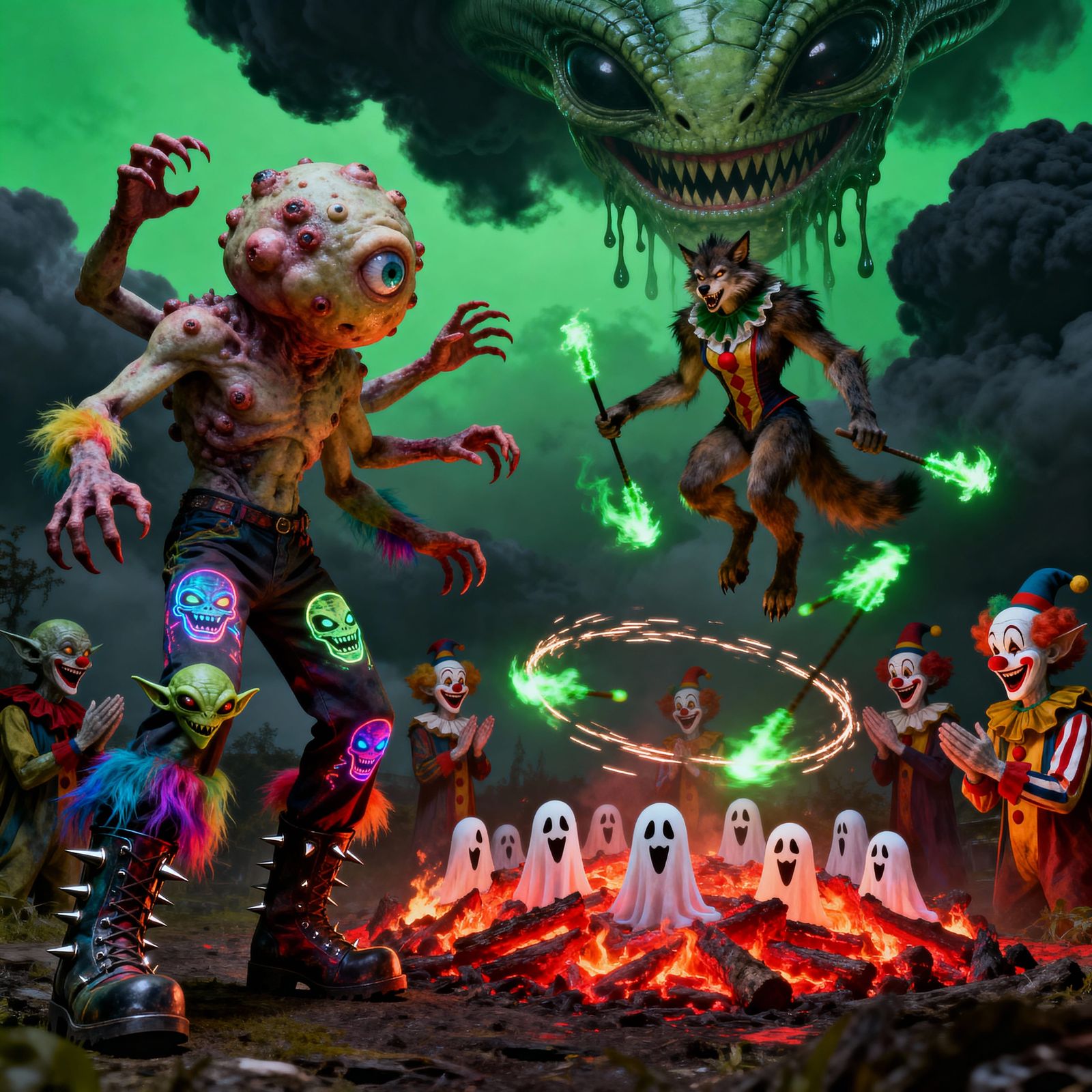 Creepy Mutant Humanoid and Clown Werewolf in Eerie Alien Lan...