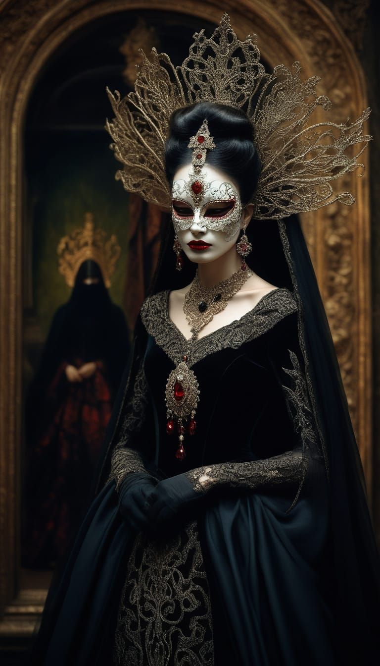 Enigmatic Queen in Opulent Gown with Porcelain Mask