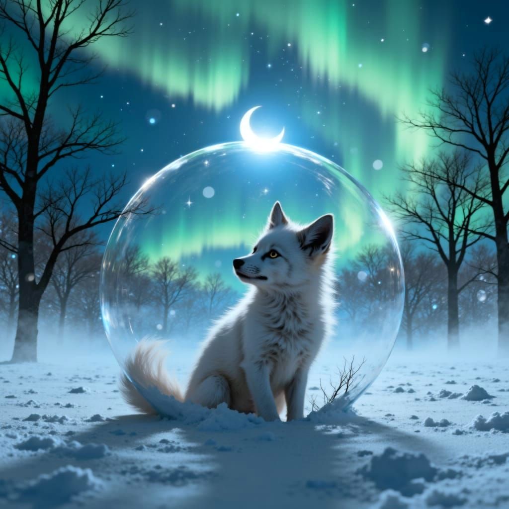 Hyperrealistic Baby White Fox in Aurora Snow Bubble