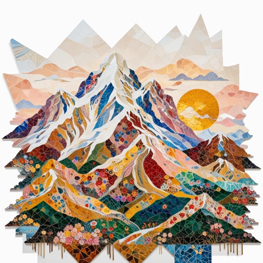 Alpine Dawn Over Mosaic Peaks in Klimt & Hirst Style