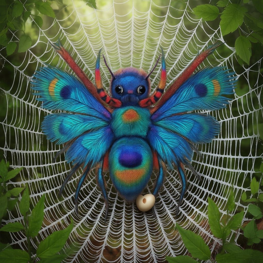 Vibrant Peacock Spider Protecting Eggs in Silk Web