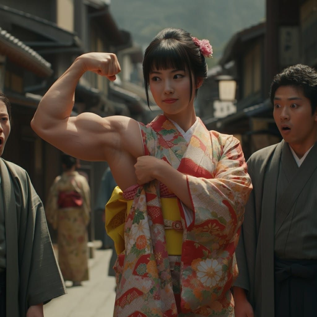 Dominant Geisha Exudes Power in Meiji Period Street Scene