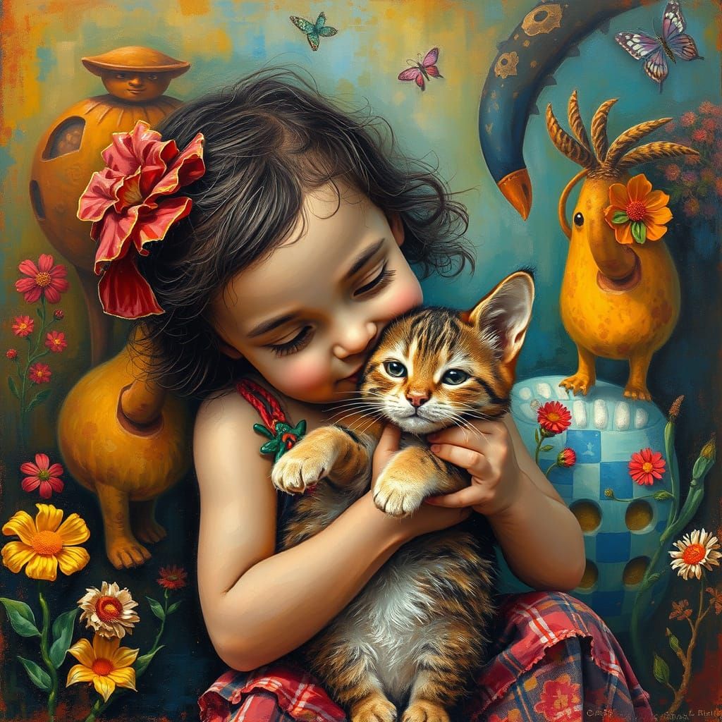 Child and Puppy in Folkloric Oil Painting