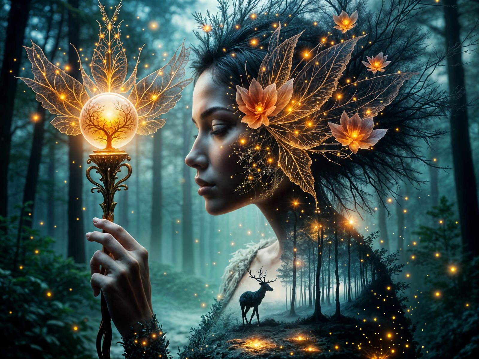 Forest Enchantress in Double Exposure Fantasy Art