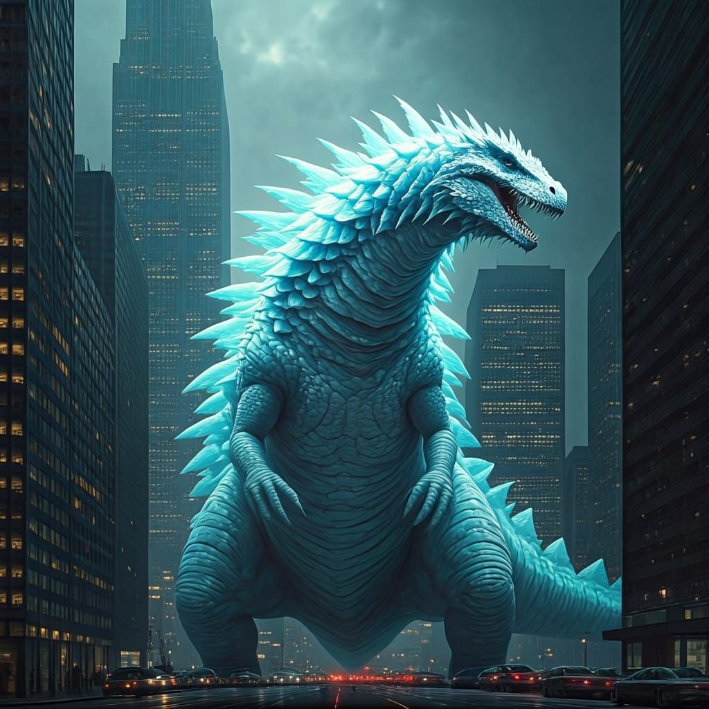 Ice Dinosaur in Futuristic Cityscape