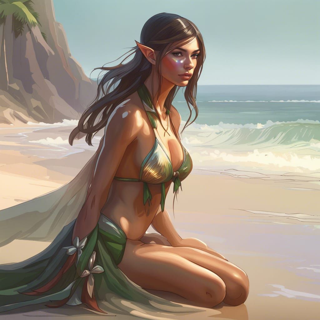 Elf in Bikini on Beach, Hyperdetailed Portrait