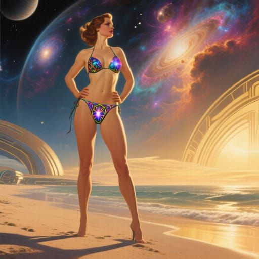 Woman on Celestial Beach in Cosmic Bikini